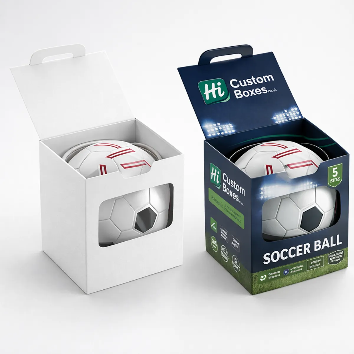 Two square boxes with circular windows and lids, showcasing footballs inside against a professional sports-themed background. class=